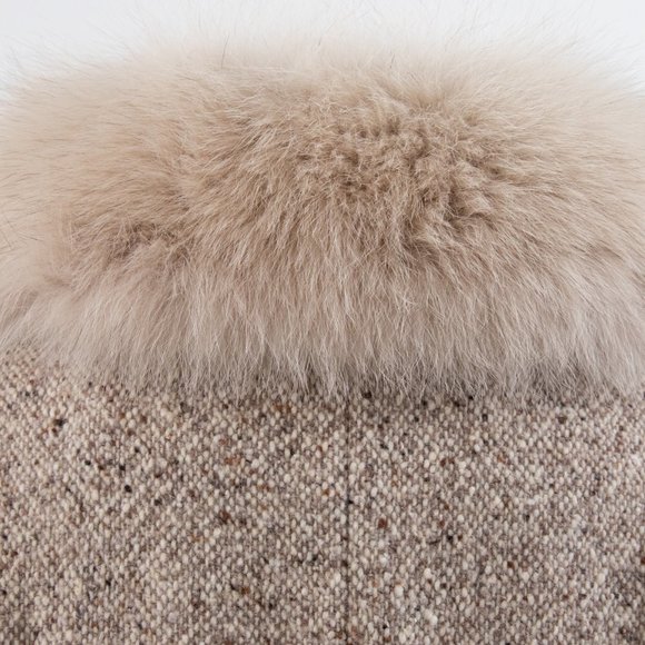Vintage 90s M/L Fox Fur Collar Tweed Coat Tan - Picture 7 of 15